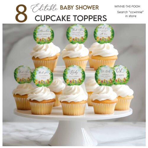 Editable Winnie-the-Pooh Bear Baby Shower Cupcake Toppers Templates – Instant Access on Canva #CCWINNIE