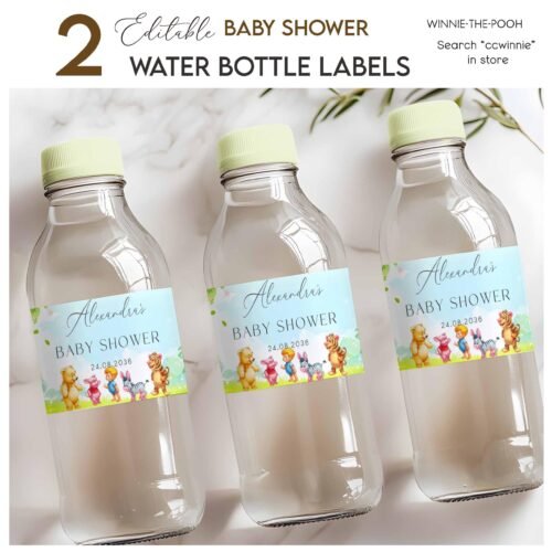 Editable Winnie-the-Pooh Bear Baby Shower Water Bottle Labels Templates – Instant Access on Canva #CCWINNIE