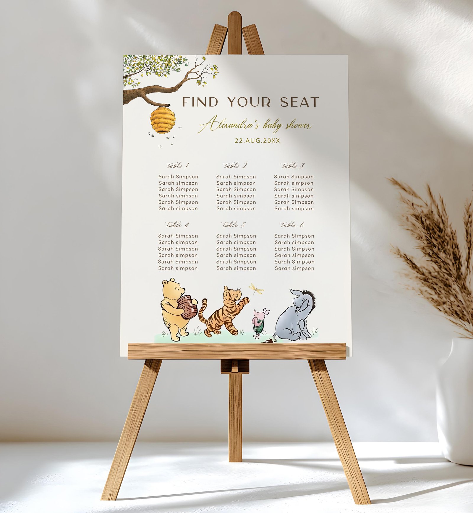 Winnie the Pooh Seating Chart Sign - Classic Pooh Bear Baby Shower Seating Plan, Gender Neutral Digital Custom Table Decor #CC4POOH