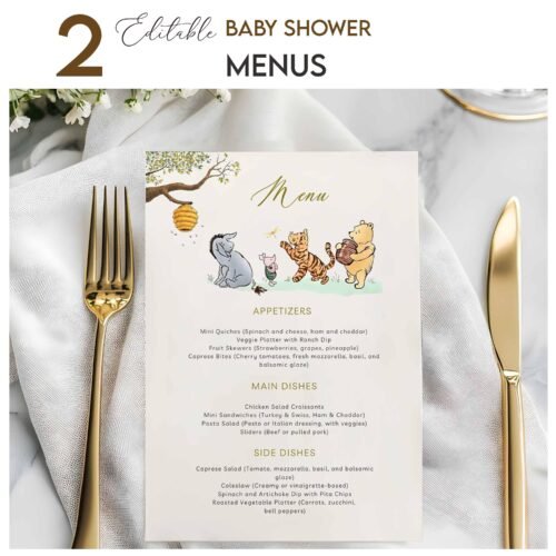 Classic Winnie the Pooh Baby Shower Menu Cards Template - Printable Editable Menu, Instant Download #CC4POOH