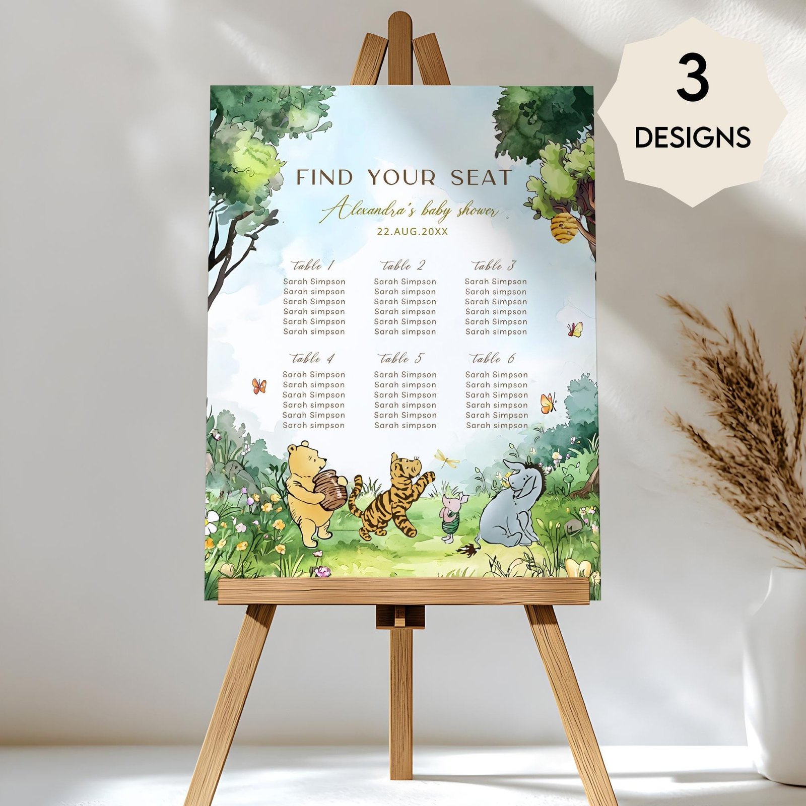 Winnie the Pooh Seating Chart Sign - Classic Pooh Bear Baby Shower Seating Plan, Gender Neutral Digital Custom Table Decor #CC5POOH