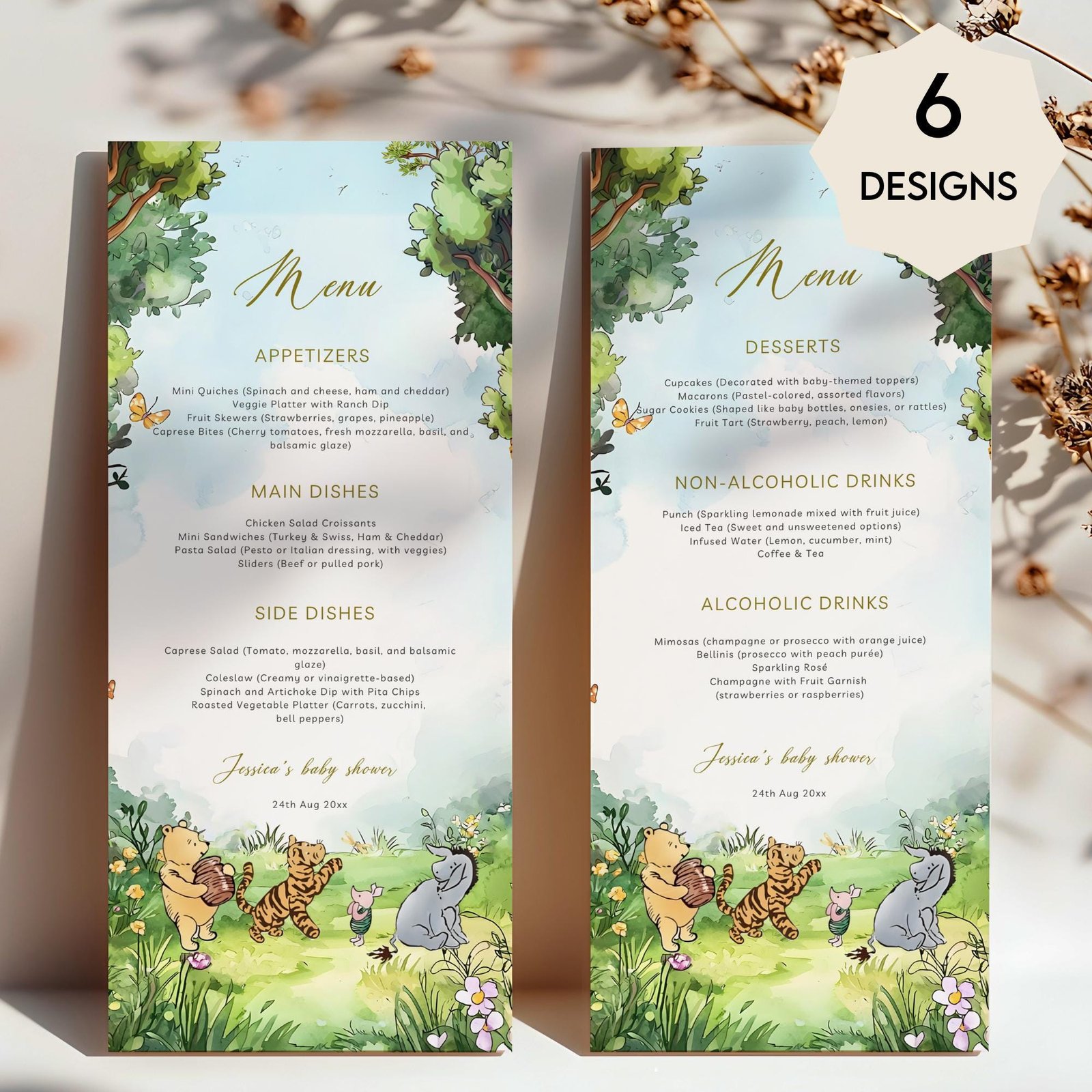Winnie the Pooh Menus – Classic Pooh Bear Watercolor Template, Gender Neutral #CC5POOH