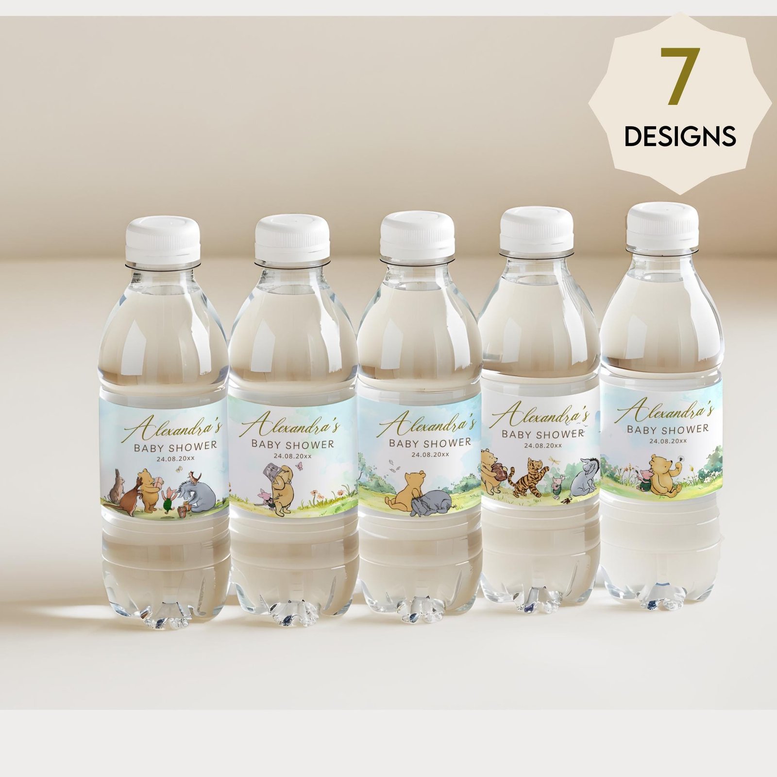 Winnie the Pooh Water Bottle Labels – Classic Pooh Bear Watercolor Template, Gender Neutral #CC5POOH