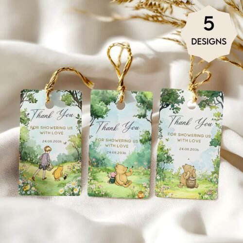 Winnie the Pooh Favor Tags – Classic Pooh Bear Watercolor Template, Gender Neutral #CC5POOH