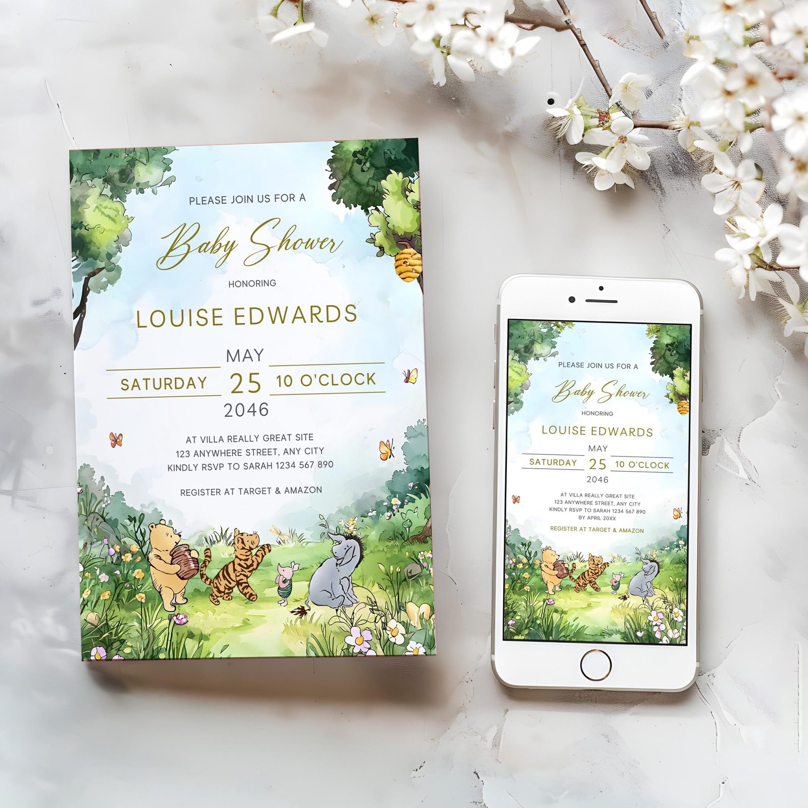 Winnie the Pooh Invitations & E-Invites – Classic Pooh Bear Watercolor Template, Gender Neutral #CC5POOH