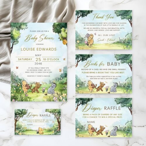 Winnie the Pooh Invitation Set – Classic Pooh Bear Watercolor Template, Gender Neutral #CC5POOH
