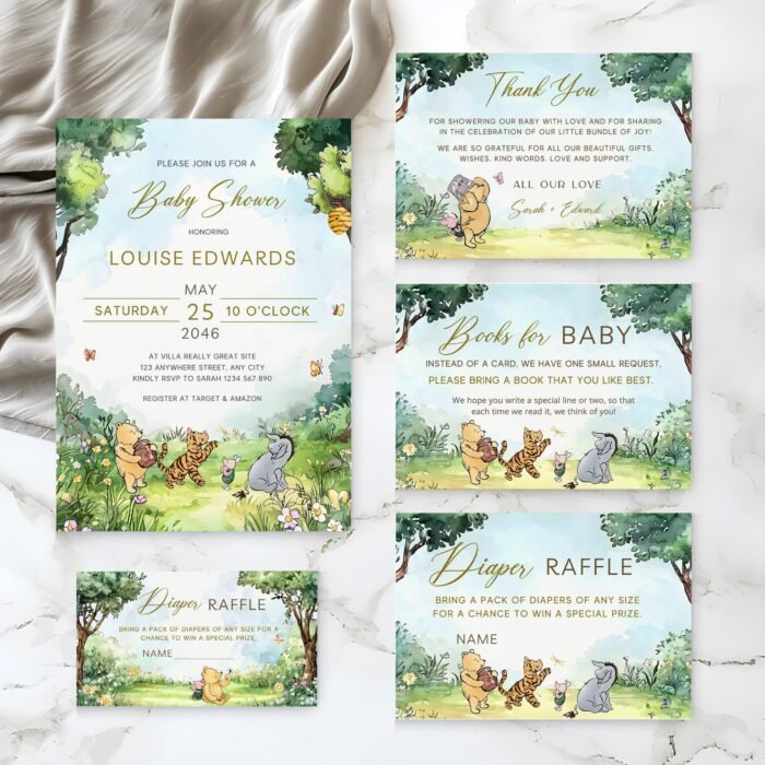 Winnie the Pooh Invitation Set – Classic Pooh Bear Watercolor Template, Gender Neutral #CC5POOH