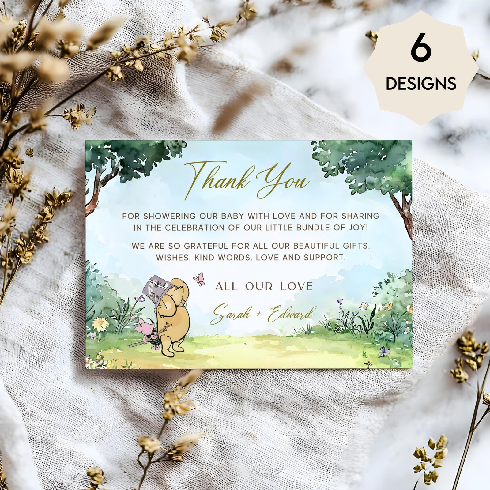 Winnie the Pooh Thank You Cards – Classic Pooh Bear Watercolor Template, Gender Neutral #CC5POOH