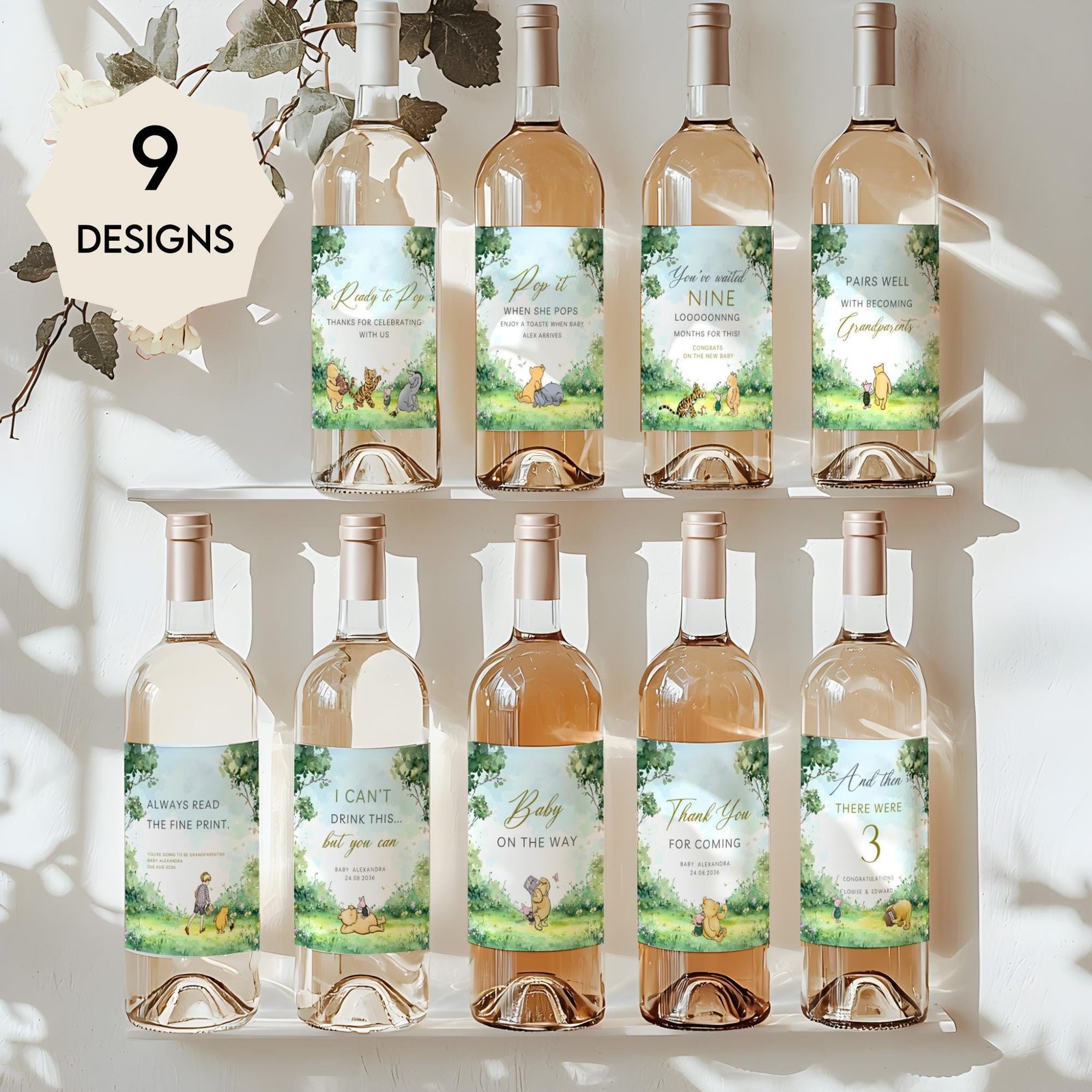 Winnie the Pooh Wine & Champagne Bottle Labels – Classic Pooh Bear Watercolor Template, Gender Neutra #CC5POOH