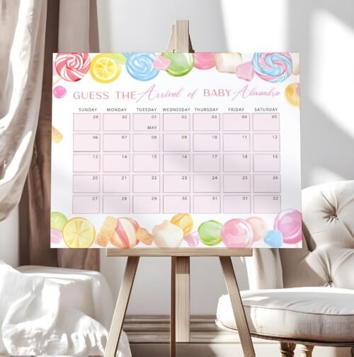 Editable Candyland Guess the Due Date Sign, Printable Baby Shower Baby Calendar Game Template, Sweet Shower #CC6CANDY