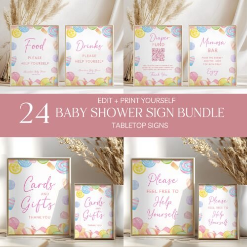 Editable Candyland Baby Shower Signs, Bundle, Printable Editable Sign Set Template, Baby Shower Decor, Instant Download #CC6CANDY