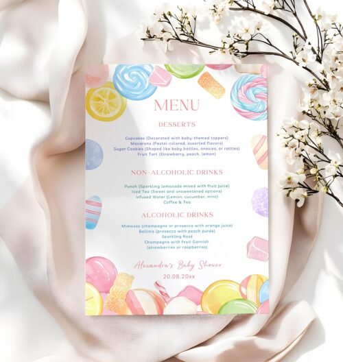 Editable Candyland Baby Shower Menu – Printabe Menu Card, Candyland Shower Menu Template, Sweet Shower Menu #CC6CANDY