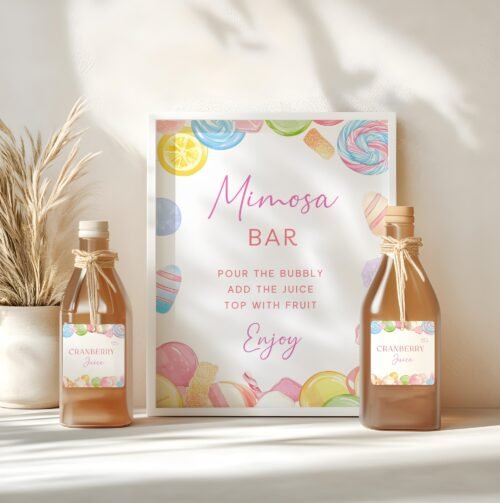 Editable Candyland Baby Shower Mimosa Signs Juice Tags – Printable Mimosa Sign Template, Sweet Shower Sign #CC6CANDY