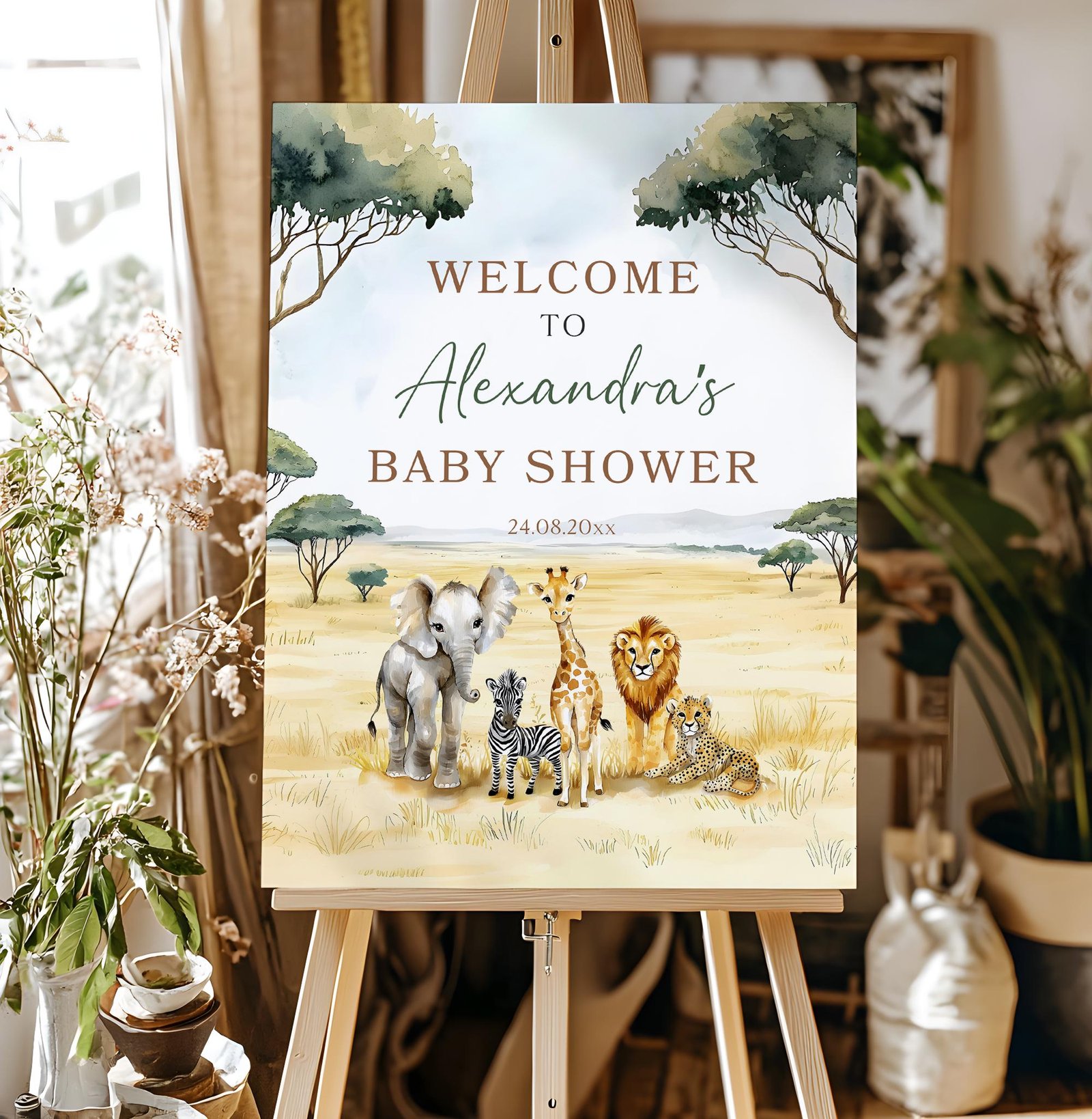 Editable African Safari Baby Shower Welcome Sign, Instant Download, Printable Baby Sign Canva Template #CC7
