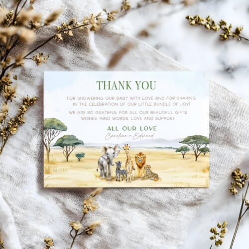 Editable Safari Baby Shower Thank You Card, Jungle Animal Thanks, Instant Download Canva Template #CC7