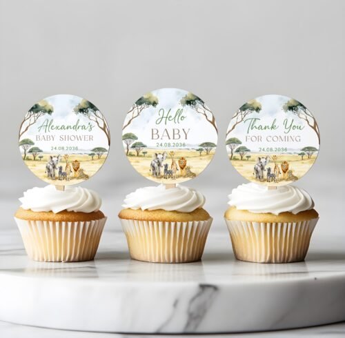 Editable Safari Baby Shower Cake Topper, Safari Animals Cupcake Toppers, Wild One Printable Cake Decorations for Safari Shower #CC7