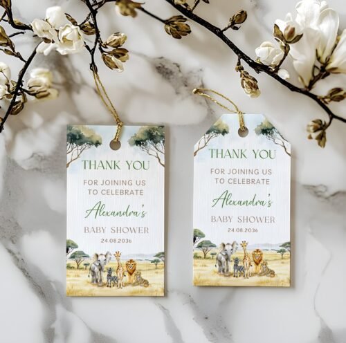 Editable Safari Baby Shower Favor Tags - Printable Jungle Animal Thank You Gift Tags, Customizable Wild One Party Favor Tag Template #CC7