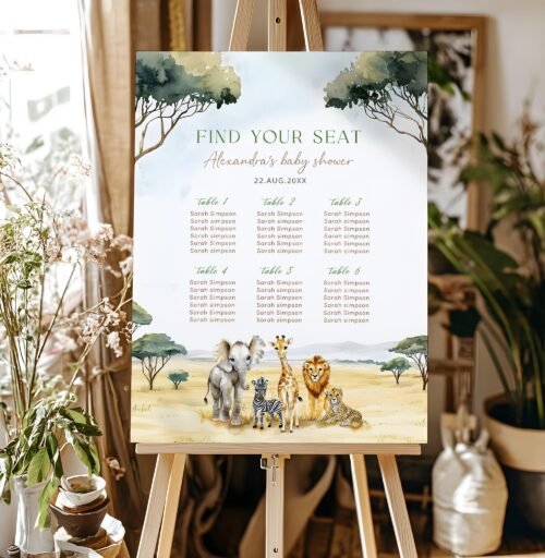 Editable Safari Baby Shower Seating Chart Template - Safari Animal Seat Plan, Giraffe, Elephant & Wild Theme #CC7