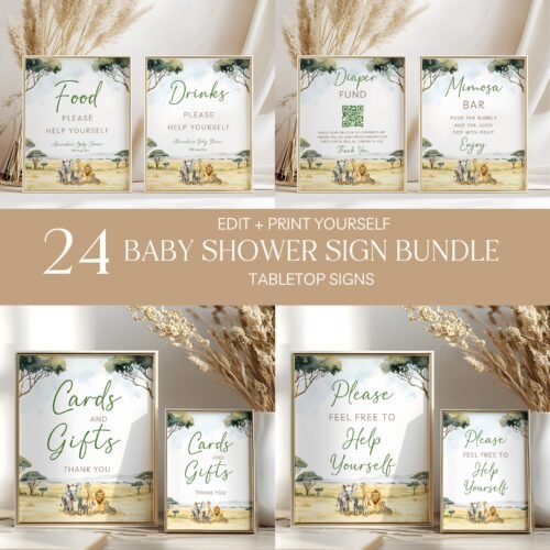 Editable Safari Baby Shower Signs Bundle - Printable Jungle Safari Sign Set, Wild One Party Decor #CC7