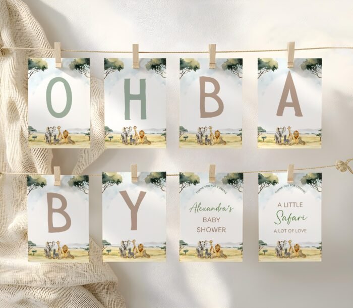 Editable Jungle Safari Banner Template - Printable Baby Shower Bunting for Wild One Party, DIY Canva #CC7