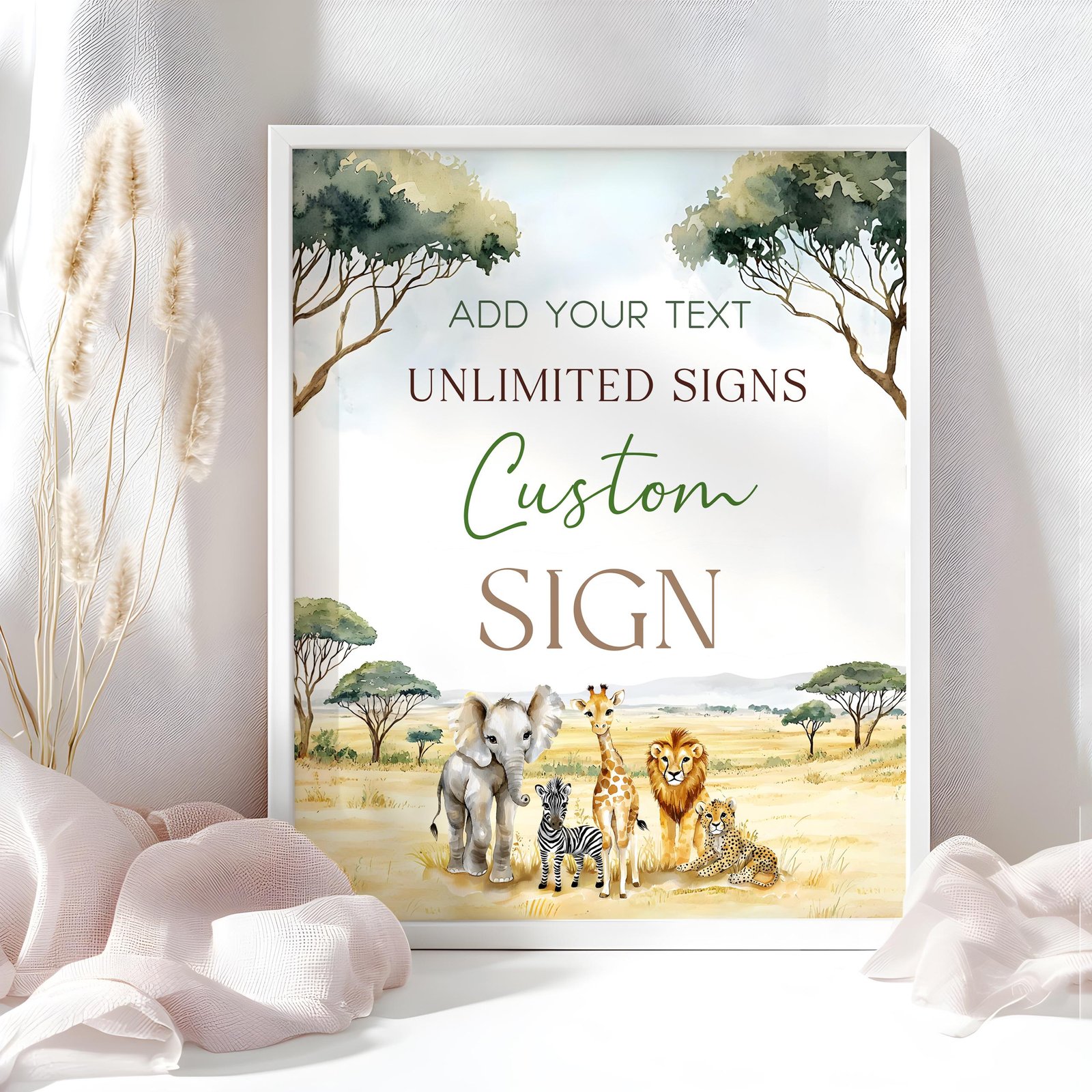 Editable Safari Baby Shower Custom Signs - Customizable Jungle Animals Canva Templates for Table Decor, Baby Boy Girl Decor #CC7