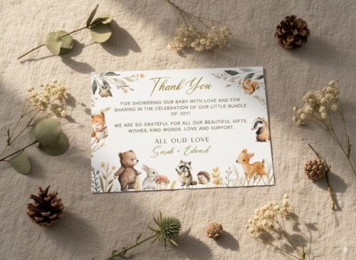 Editable Woodland Thank You Card - Printable Forest Animals Baby Shower Note, DIY Canva Template #CC8
