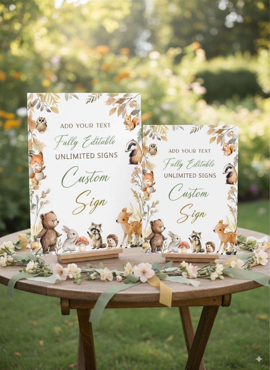 Editable Woodland Baby Shower Sign, Printable Forest Animal Decor, DIY Canva Baby Template #CC8
