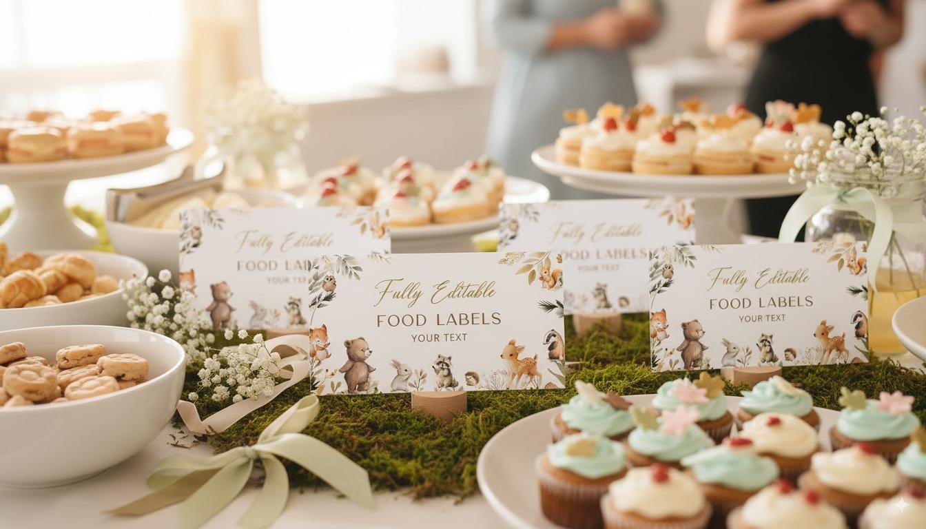Woodland Baby Shower Food Labels - Editable Canva Template, Printable Forest Animal Party Tags #CC8
