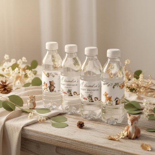 Editable Woodland Baby Shower Water Bottle Labels - Forest Animal Theme DIY Canva Wrap Printable #CC8