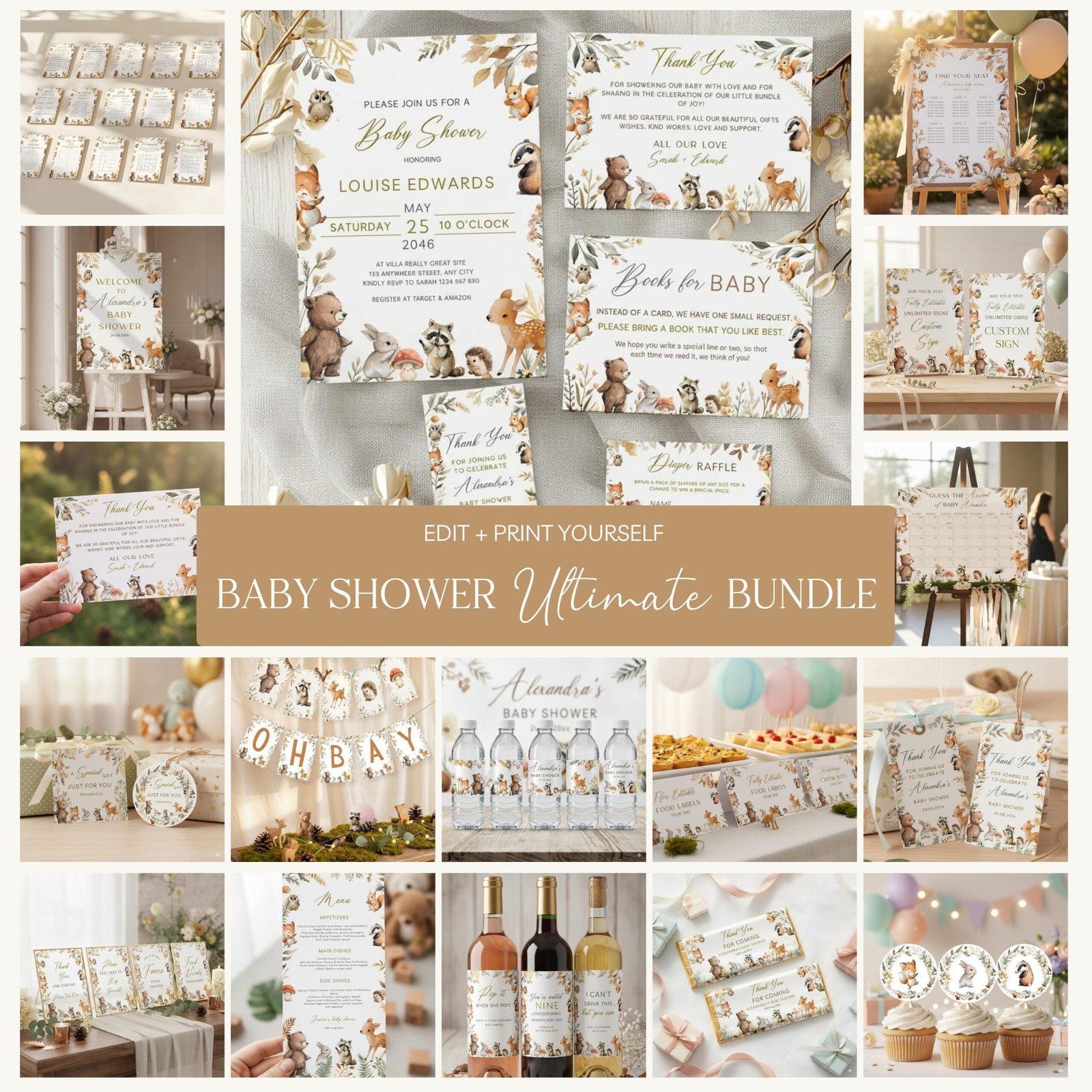 Woodland Baby Shower Template Ultimate Bundle, Editable Forest Animal Shower Complete Template Kit, DIY Printable Canva Bundle #CC8