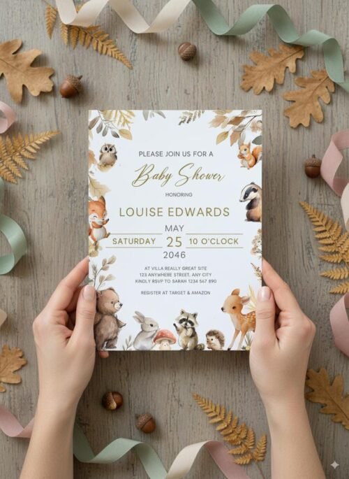 Editable Woodland Baby Shower Invitation Template, Forest Animal Canva DIY Printable Invite #CC8