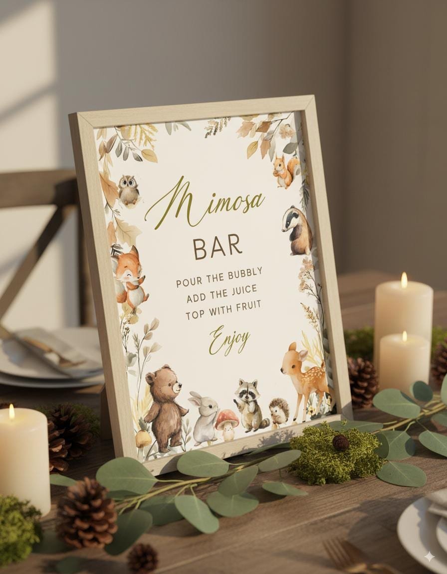 Editable Woodland Baby Shower Mimosa Bar Sign & Juice Tags - DIY Canva Template, Printable Forest Animal Decor #CC8
