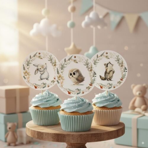 Editable Woodland Cupcake Toppers - Forest Baby Shower DIY Decor, Printable Animal Topper, Canva Template #CC8