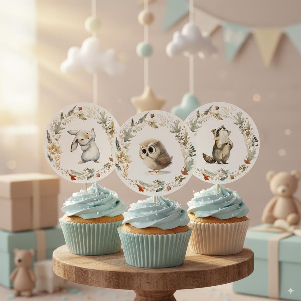 Editable Woodland Cupcake Toppers - Forest Baby Shower DIY Decor, Printable Animal Topper, Canva Template #CC8