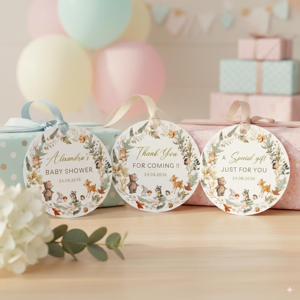 Editable Woodland Baby Shower Tags - DIY Printable Forest Animal Labels for Decor, Round & Square Formats via Canva #CC8