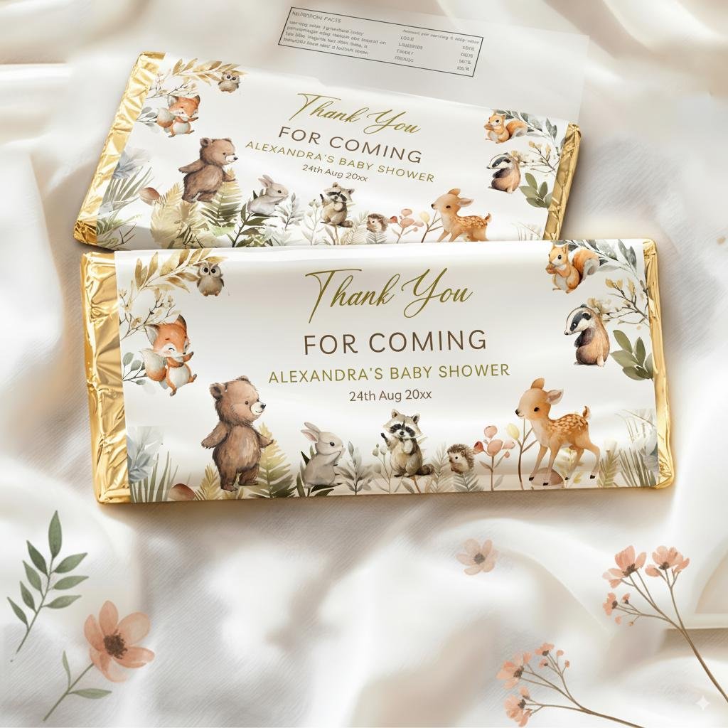 Editable Woodland Baby Shower Chocolate Wrapper - DIY Printable Candy Wrap with Cute Forest Animals, Custom Canva Template #CC8