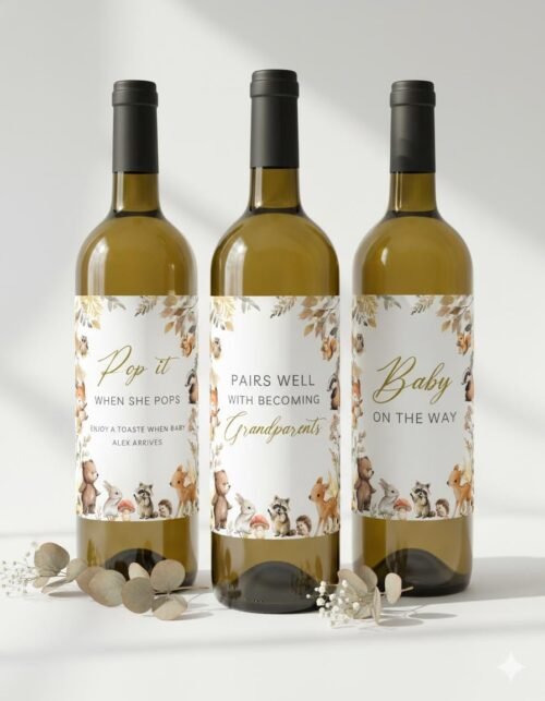 Editable Woodland Wine Label Template for Baby Shower - Forest Animal DIY Wine Bottle Tag, Printable Canva Template #CC8